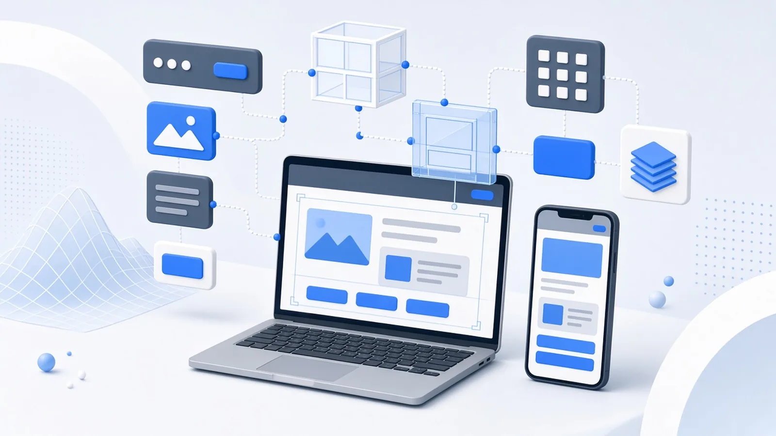 Ilustración de laptop y celular con bloques de diseño web ensamblándose paso a paso