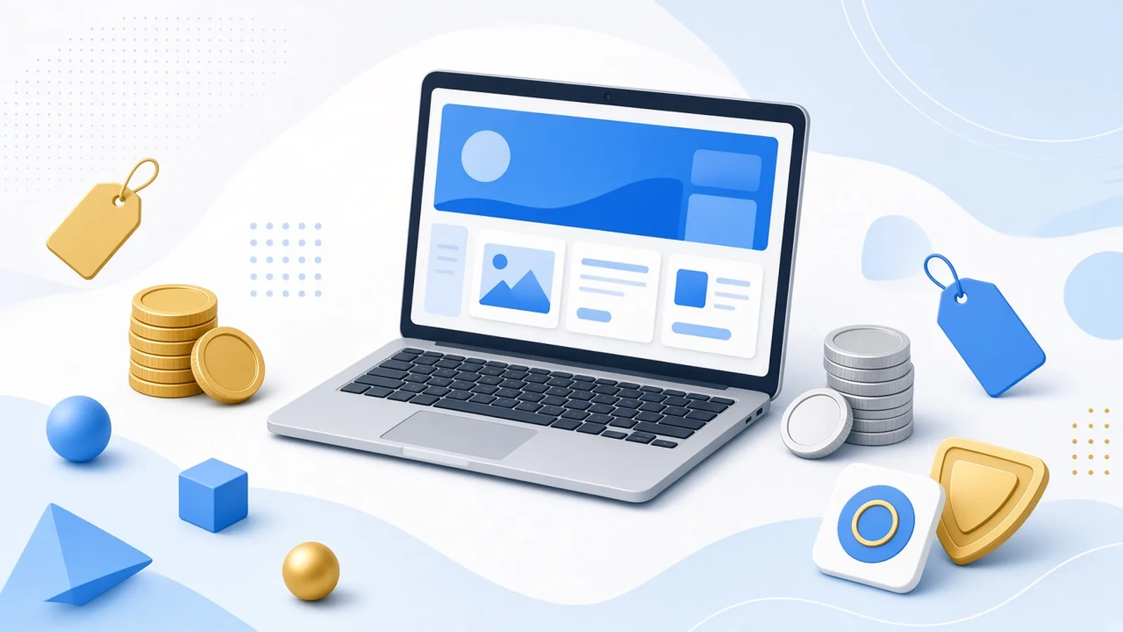 Ilustración de una laptop con una página web y monedas que sugieren el costo de un sitio en Paraguay