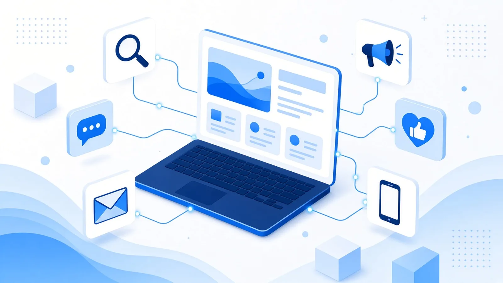 Ilustración de una laptop con una página web conectada a íconos de buscador, mensajería, correo, anuncios, redes sociales y celular