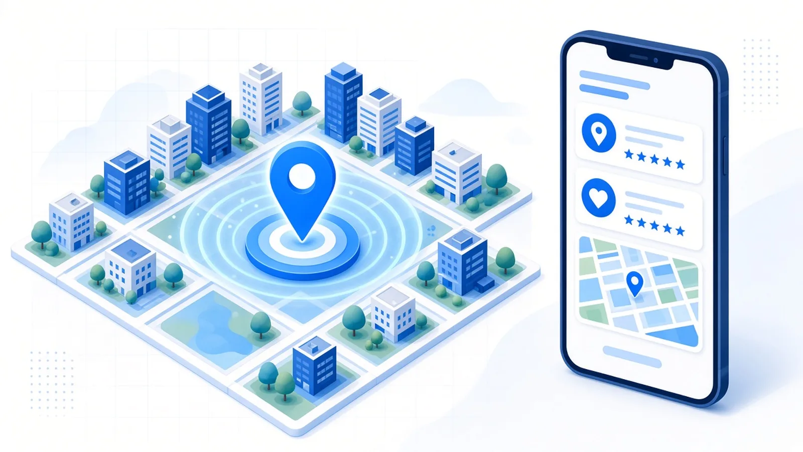Ilustración de un mapa de ciudad con un marcador de ubicación destacado y un celular mostrando resultados de búsqueda local